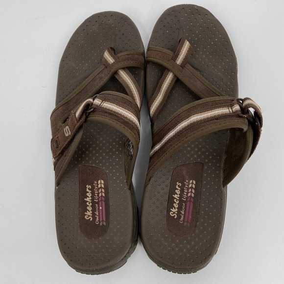 Skechers Leather Slide Thong Sandal Outdoor Lifestyle Adjustable Brown Size 9 - Picture 3 of 11